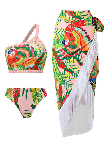 Orange 3 Piece Printed Bikini Set with Tassel Beach Dress